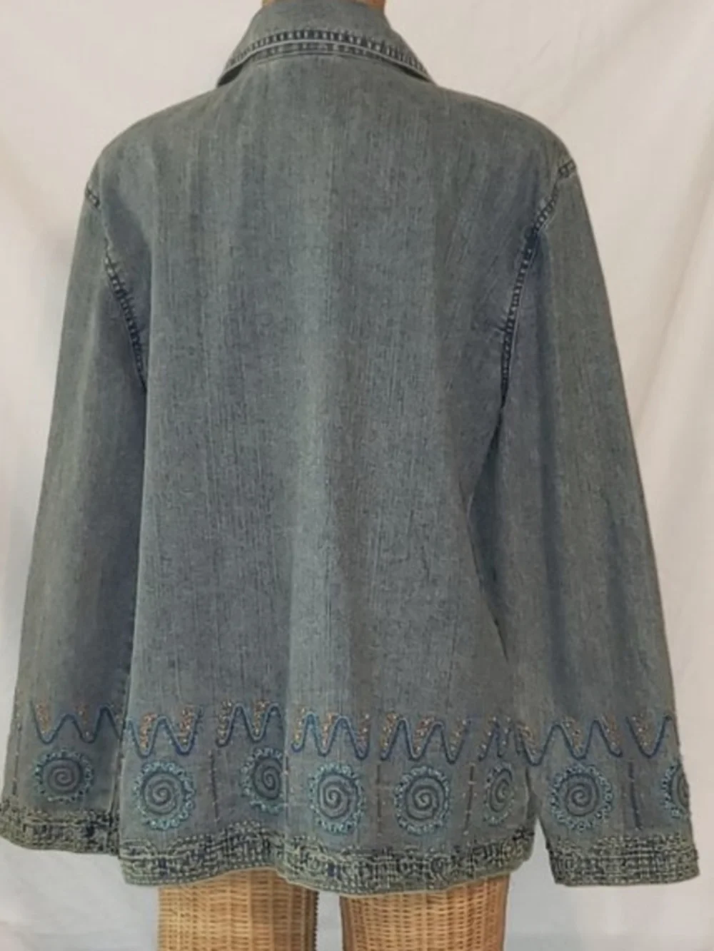 90s Hearts Of Palm Embroidered Beaded Blue Brushed Denim Jean Jacket Women's 18 - Picture 10 of 12
